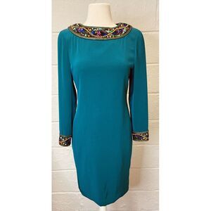 Niteline‎ Della Roufogali Emerald Green Dress Cocktail Sz 4 Petites 80s Jeweled